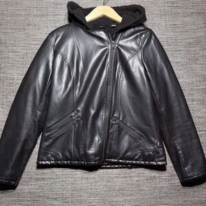 Levi's Faux Leather Jacket Women M Black LS LW8KU163 Sherpa Hooded Moto Zip